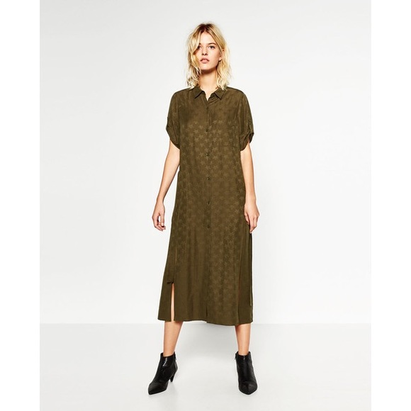 NWT Zara Green Khaki Satin Star Print Shirt Dress - Picture 2 of 8